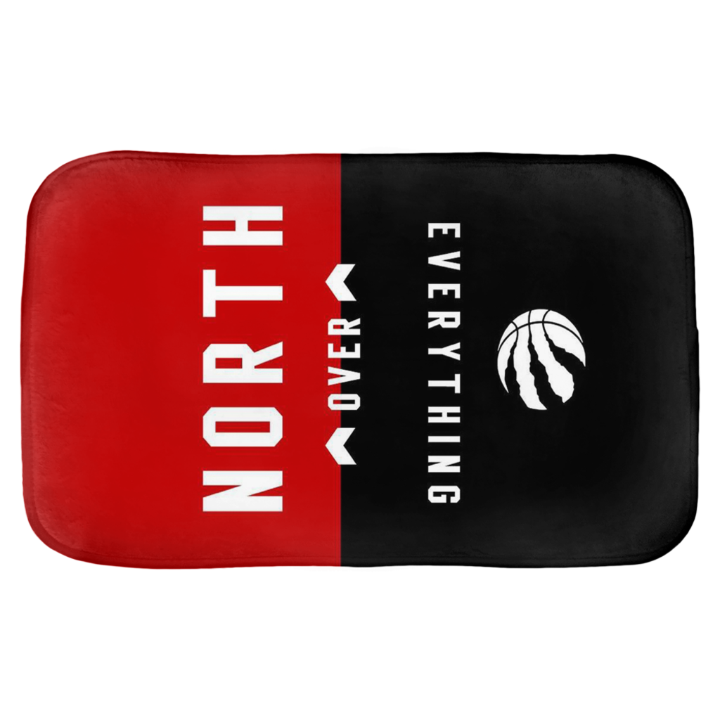 north over everything text with raptors logo printed on a bath mat FunkChez